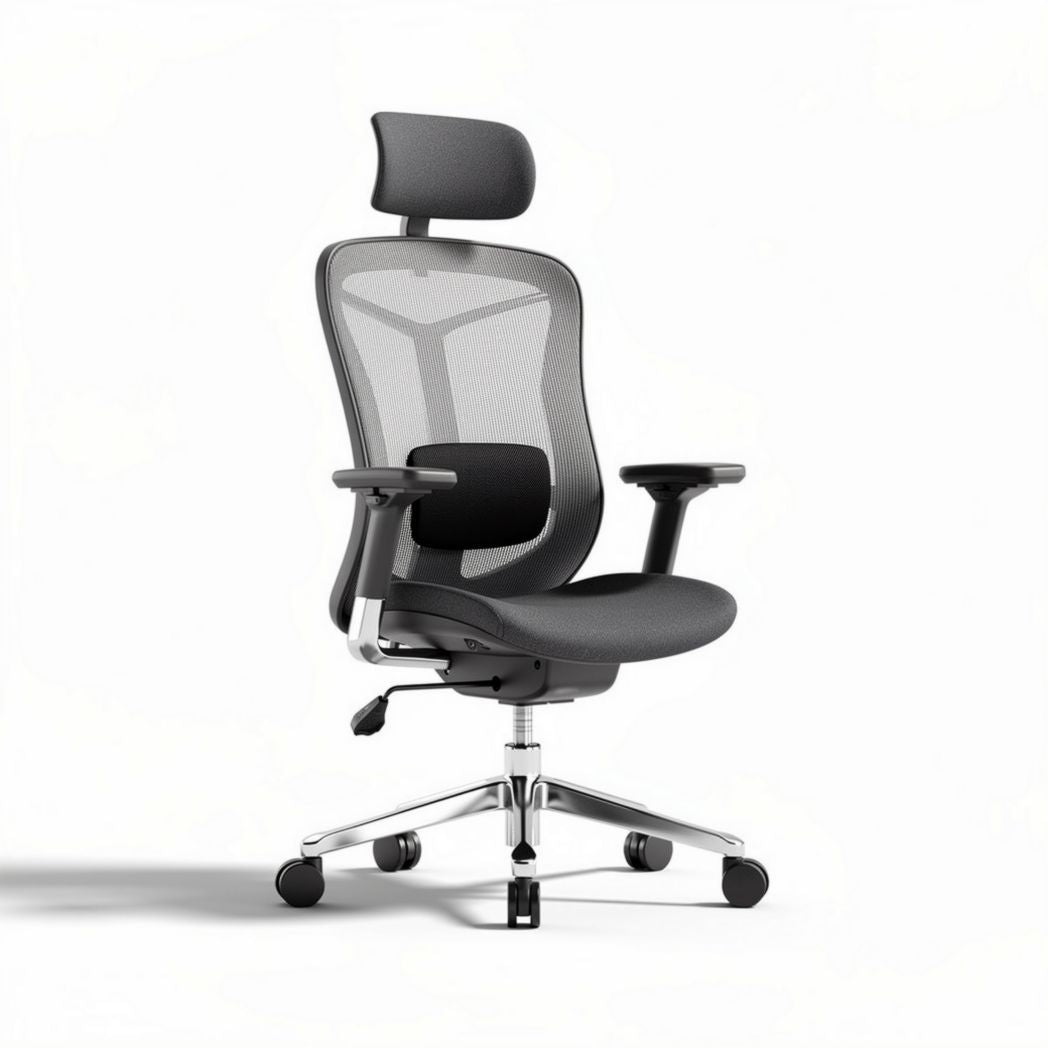 Chaise de bureau ergonomique en maille noire avec appuie-tête et accoudoirs réglables 45 x 65 x 115cm