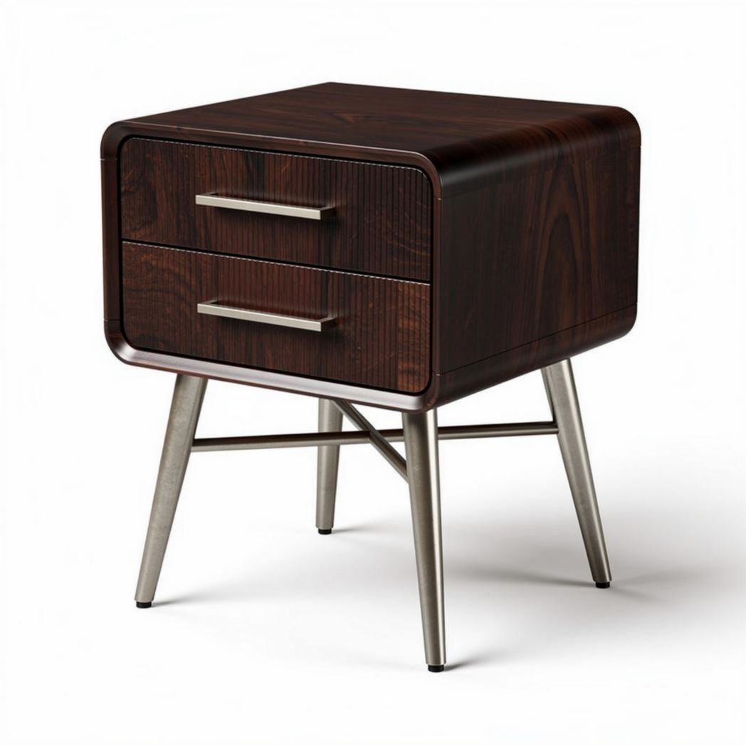Table de nuit en bois foncé avec deux tiroirs et pieds en métal 50 x 50 x 50cm
