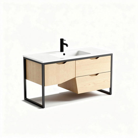 Meuble sous lavabo en bois clair avec lavabo en céramique noir 120 x 50 x 85cm