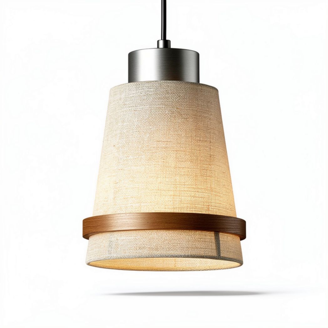 Suspension en lin avec abat-jour en bois brun et métal argenté 30 x 30 x 25cm