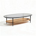 Table basse ovale en verre et bois de 120 x 60 x 45cm avec étagère inférieure