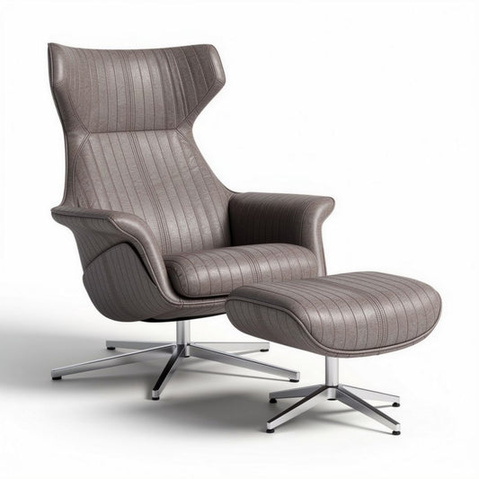 Fauteuil en cuir synthétique gris avec repose-pieds et base en métal dimension 85 x 80 x 100cm